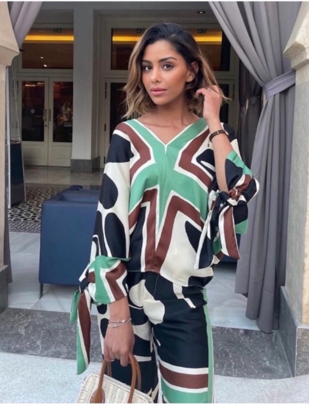 ZARA Green, Brown & Black Geometric Satin Cami